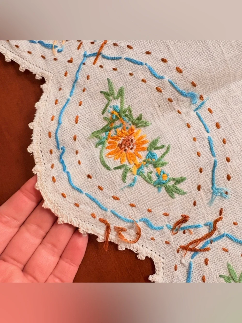 Vintage table runner hand embroidered crochet edge stunning floral cottage 46”